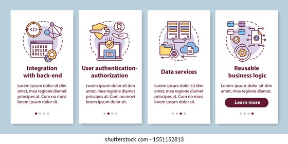 Software development onboarding mobile app page screen with linear concepts. Integration with back-end walkthrough 4 steps graphic instructions. UX, UI, GUI vector template with illustrations
