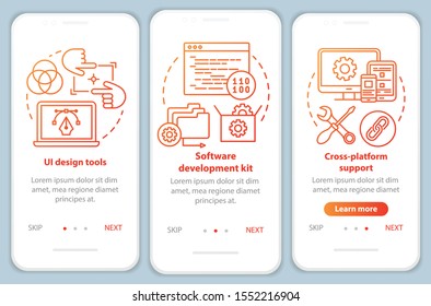 Software development onboarding mobile app page screen vector template. Application programming. Walkthrough website steps with linear illustrations. UX, UI, GUI smartphone interface concept