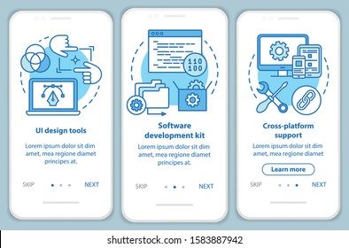 Software development onboarding mobile app page screen vector template. Application programming. Walkthrough website steps with linear illustrations. UX, UI, GUI smartphone interface concept