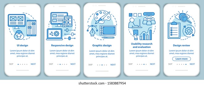 Software development onboarding mobile app page screen vector template. Application programming. Walkthrough website steps with linear illustrations. UX, UI, GUI smartphone interface concept