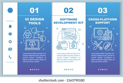 Software development onboarding mobile web pages vector template. Responsive smartphone website interface idea with linear illustrations. Webpage walkthrough step screens. Color concept