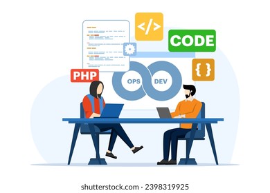 software development and operations programmer practice concept, DevOps methodology, technical support, automation process, software development and operations template vector flat illustration.