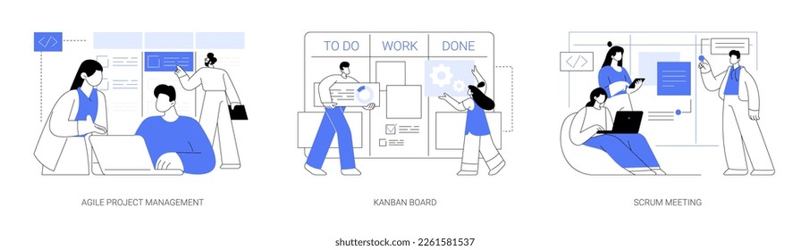 Software development planning abstract concept vector illustration set. Agile project management, kanban board, stand up scrum meeting in office, manage IT project, teamwork abstract metaphor.