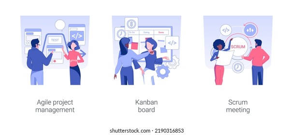 Software development planning isolated concept vector illustration set. Agile project management, kanban board, stand up scrum meeting in office, manage IT project, teamwork vector cartoon.