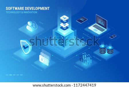 Software development process isometric infographics icons. Software development digital platform connects database, user, cyber security, laptop, mobile phone and company business analytics - vector