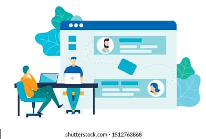 Software Development Process Vector Illustration. Young Coders, Developers Working with Laptops Cartoon Characters. Programmer Occupation.