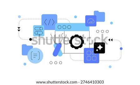 Software development processes. High tech engineering. Flat illustration. Vector file.