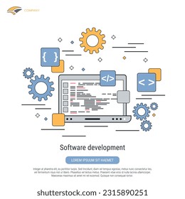 Software development, program coding, application construction flat contour style vector concept illustration