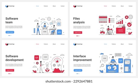 Software development and program interface improvement, file analysis set vector illustration. Cartoon tiny team of coders and engineers develop and test program code, people work with digital data