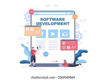 Software Development and Programming Code on Computer Vector Illustration for Technology, Engineer Team, coding, Marketing Material, Business and Presentation