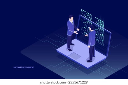 Software development and programming with code on a laptop screen, highlighting big data processing, computing, and collaboration with two businessmen and a team leader in isometric style