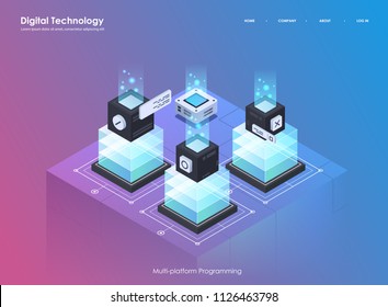 Software development and programming. Coding creative program or system process. Flat isometric illustration.