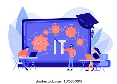 Software development. Programming, coding learning. Information technology courses, IT courses for all levels, computing and hi tech course concept. Bright vibrant violet vector isolated illustration