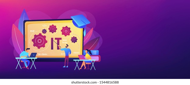 Software development. Programming, coding learning. Information technology courses, IT courses for all levels, computing and hi tech course concept. Header or footer banner template with copy space..