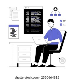 Desenvolvimento de software, programação, codificação. O homem cria software, escreve código e scripts, trabalha com linguagens de programação. Ilustração vetorial com pessoas de linha para web design.	
