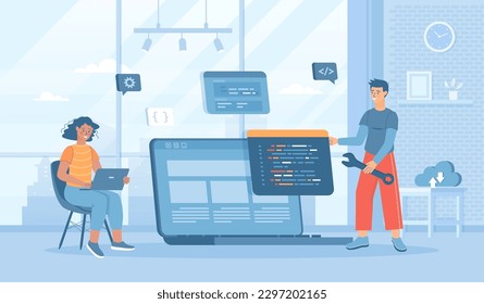 Software development, programming, coding. People write code, settings and testing, developing programs and applications, working at IT industry. Flat cartoon vector illustration with people character