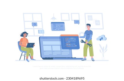 Software development, programming, coding. People write code, settings and testing, developing programs and applications, working at IT industry. Cartoon modern flat vector illustration for web banner