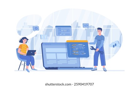 Software development, programming, coding. People write code, settings and testing, developing programs and applications. Vector illustration with characters in flat design for web banner.