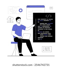 Software development, programming, coding. Programmer and IT specialist at workplace with laptop, develop mobile application or program. Vector illustration with line people for web design.