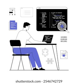 Software development, programming, coding. IT specialist looking for bugs and errors in applications and programs. Vector illustration with line people for web design.	
