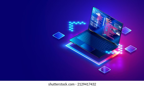 Software development. Programming, coding and software testing on laptop. Laptop hanging over table with program code on the screen. Digital Computer technology isometric background concept. - Shutterstock ID 2129417432
