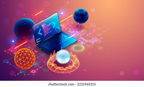 Software development. Programming, coding, software testing on laptop. Abstract  program code on computer screen. Laptop, icons of computer tech.  Digital Computer technology isometric concept.