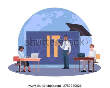 Software development. Programming, coding training education, experts write algorithms, IT classroom. Instructor explains information technology to students. Vector cartoon flat style isolated concept