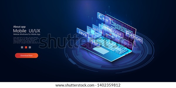 Software development, programming, coding vector\
concept. Technology concept. Programming web banner. Isometric\
vector illustration. Landing page concept. Technology process of\
Software development 