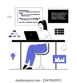 Software development, programming, coding. Woman working with program code, testing and optimization, engineering process. Vector illustration with line people for web design.	
