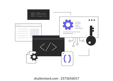 Software development, programming, coding. Write code, settings and testing, developing programs and applications. Flat Cartoon Vector Illustration, icon. Stylish abstract Modern