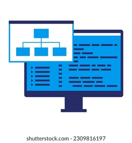 Software development and programming, computer with code and software framework, isolated icon