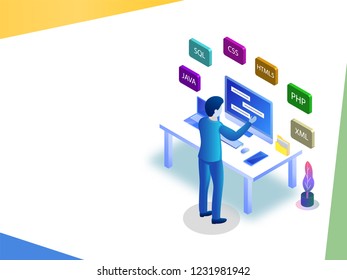 Software development or programming concept based isometric design, analyst or developer fixing the problem on computer or workspace of a developer.