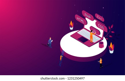 Software development programming concept, isometric illustration of laptop with multiple coding languages, man fixing the problem on glossy background.