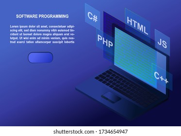 Software development and programming concept. Program code on laptop screen. Isometric vector illustration for landing page template.