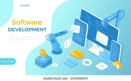 Software Development. Programming, engineering, coding. Testing and bug fixing. Creating new applications, programs, frameworks. Isometric vector illustration for website.