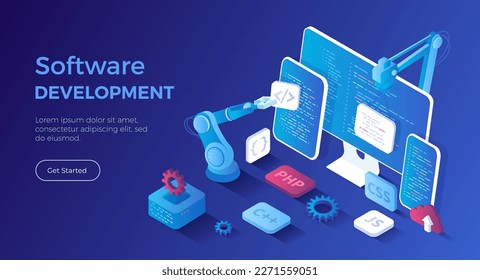 Software Development programming, engineering, coding. Testing and bug fixing. Creating new applications, programs, frameworks. Isometric landing page. Vector web banner.	
