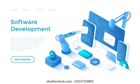 Software Development programming, engineering, coding. Testing and bug fixing. Creating new applications, programs, frameworks. Landing page template for web on white background.