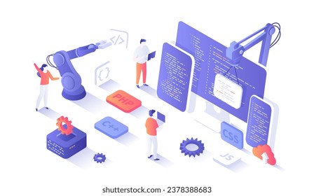 Programación de desarrollo de software, ingeniería, codificación. Pruebas y corrección de fallos. Crear nuevas aplicaciones, programas, marcos. Isometry ilustración with people scine for web graphic.