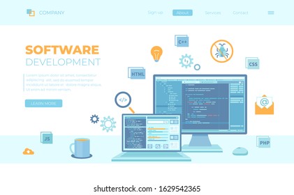 Software development, programming, engineering. Program code on laptop and monitor screen. Technology process. Can use for web banner, landing page, web template. Vector illustration