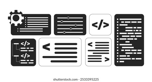 Conjunto de objetos de linha 2D preto e branco da interface de programação de desenvolvimento de software. Visualização de código. Colchetes barra coleção isolada de itens de contorno de vetores de clip arts. Ilustrações pontuais monocromáticas