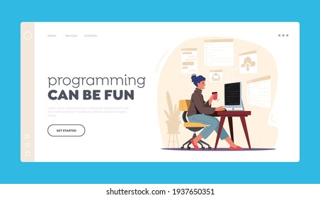 Software Development, Programming Landing Page Template. Woman Programmer Make Site or Web Interface Project. Female Character Website Designer, Developer Html Coding.Cartoon Vector Illustration