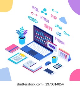 Software development, programming language, coding. Digital technology. 3d isometric laptop, computer with web application isolated on white background. Vector design