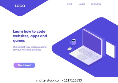 Software development and programming, program code on laptop screen, big data processing, computing isometric