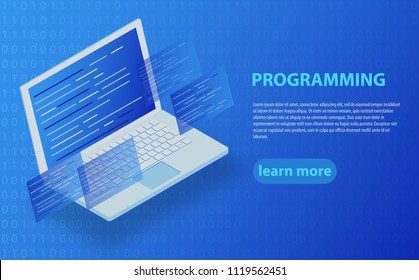 Software development and programming, program code on laptop screen, big data processing, computing isometric. Computer code with windows on laptop screen.