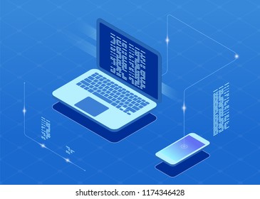 	
Software development and programming, program code on laptop screen. Laptop in flat isometric style. 