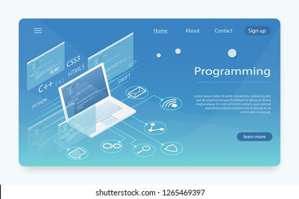 Software development and programming. Program code on pc monitor screen for developer. Web development and coding. Computer code with windows on laptop screen. Concept of programming, data processing.