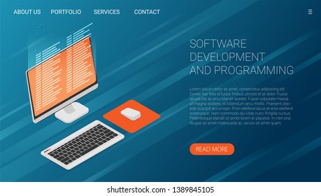 Software development and programming, program code on laptop screen, big data processing, computing isometric