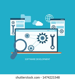 Software development and programming, program code on laptop screen, big data processing