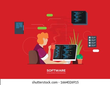 Software development and programming, program code on laptop screen, big data processing, computing isometric