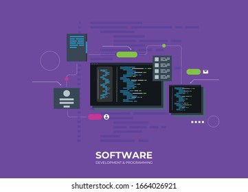 Software development and programming, program code on laptop screen, big data processing, computing isometric